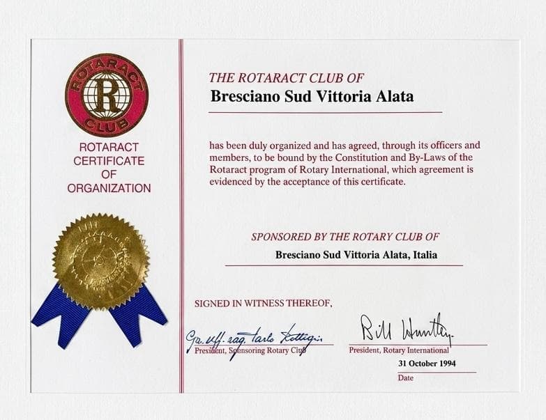 Certificato di costituzione Rotaract Brescia Vittoria Alata